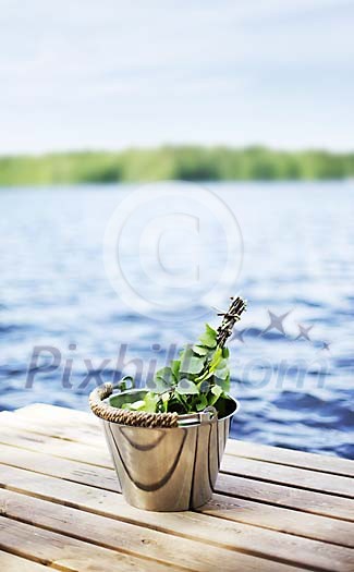 Birch branches in the bucket by the lake