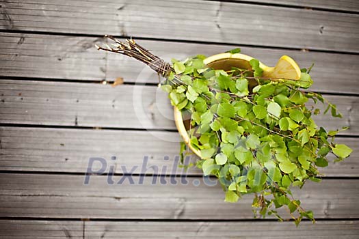 Birch branches and sauna bucket