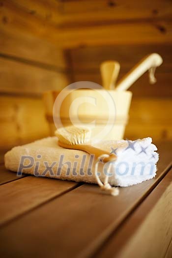 Towel  and brush in the sauna