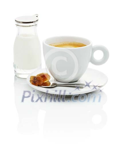 Isolated coffee cup with a bottle of cream Isolated coffee cup with a bottle of cream