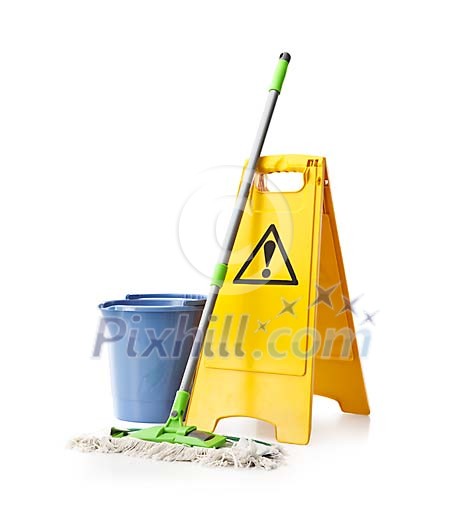Isolated bucket with a mop and a wet floor sign