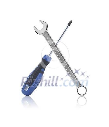 Isolated screwdriver and a wrench Isolated screwdriver and a wrench