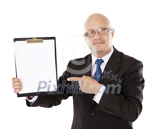 Isolated man pointing to a blank paper