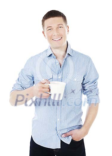 Isolated man holding a coffee cup Isolated man holding a coffee cup