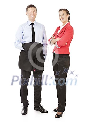 Isolated businessman and businesswoman standing