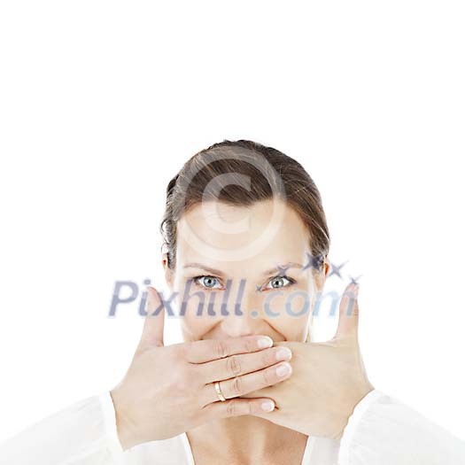 Isolated woman covering her smile with hands Isolated woman covering her smile with hands