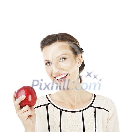 Isolated woman holding a red apple