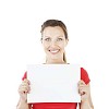 Isolated woman holding a blank card infront of her