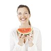 Isolated woman holding a watermelon slice
