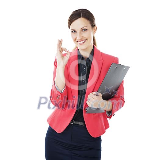 Isolated businesswoman giving an OK sign with her fingers