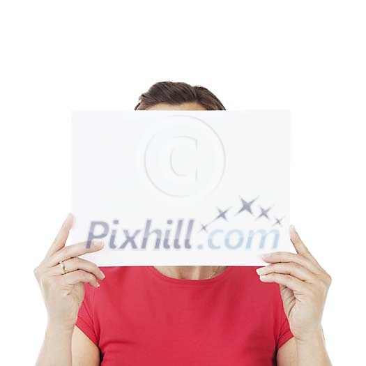 Isolated woman hiding behind a blank card Isolated woman hiding behind a blank card