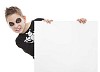 Boy dressed as a skeleton holding a blank card