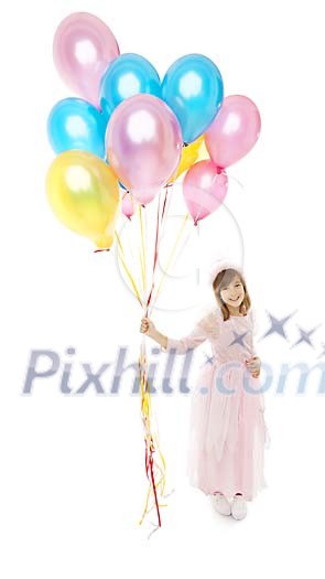 Isolated girl holding a bunch of balloons