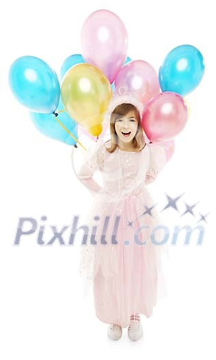 Isolated girl holding a bunch of balloons