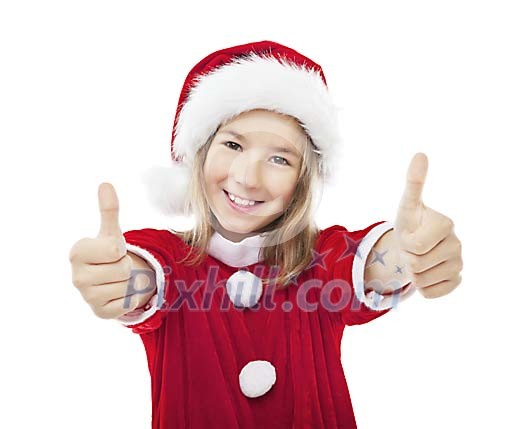 Isolated Christmas girl giving thumbs up
