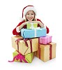 Isolated christmas girl with a stack of gifts