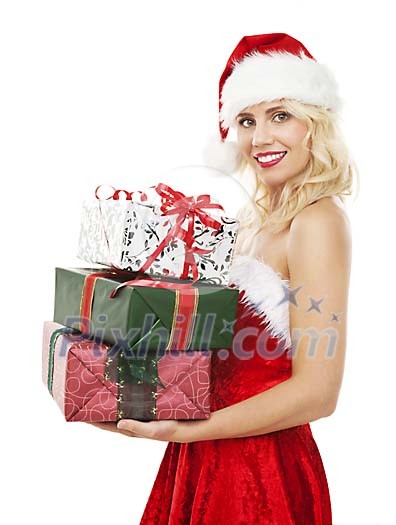 Isolated christmas woman with gifts