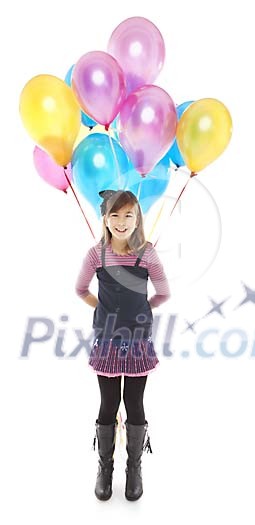 Isolated girl holding a bunch of balloons