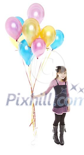 Isolated girl with bunch of balloons Isolated girl with bunch of balloons