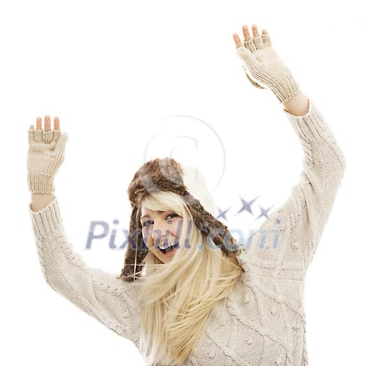Woman in winter clothing having fun