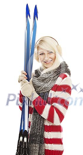 Isolated woman with skis Isolated woman with skis