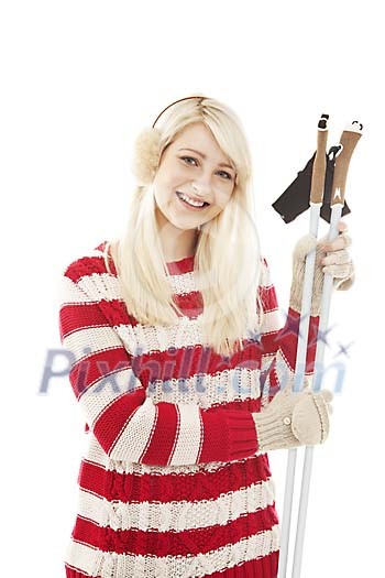 Isolated woman with ski sticks Isolated woman with ski sticks