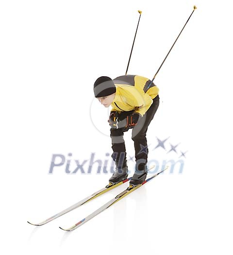 Isolated man skiing on a white background