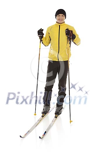 Isolated male skier standing on a white background