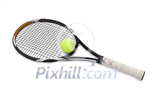 Isolated tennis racket and ball