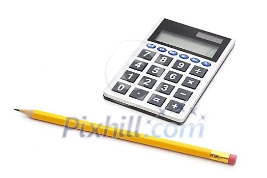 Isolated pocket calculator with a pencil