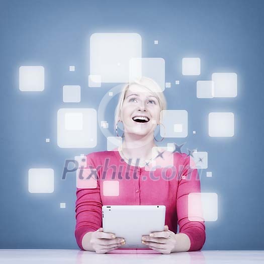 Woman surrounded by the virtual apps