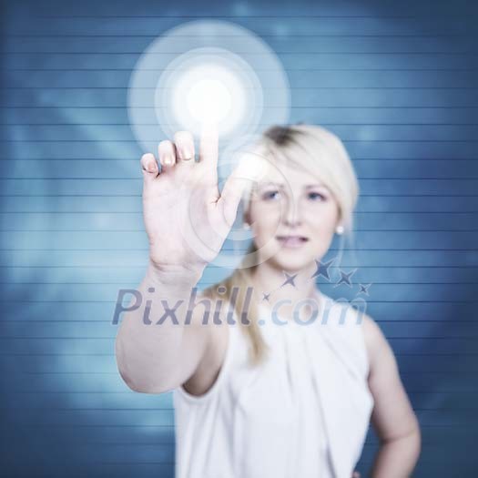 Woman pushing a virtual button