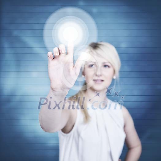 Woman pushing a virtual button Woman pushing a virtual button