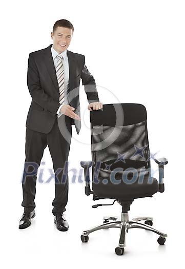 Isolated businessman offering seat