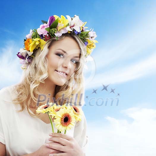 Beautiful blonde girl with floral head wreath Beautiful blonde girl with floral head wreath