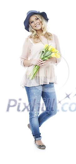 Beautiful girl with a yellow flower bouquet - clipping path included