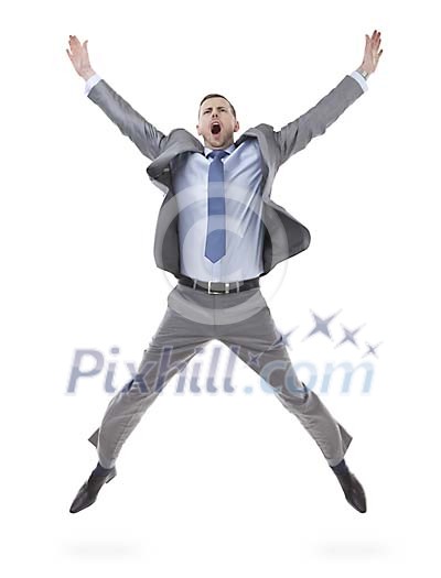 Isolated businessman jumping for success