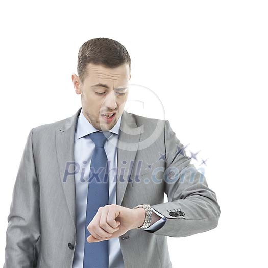 Isolated businessman looking unhappy checking the time