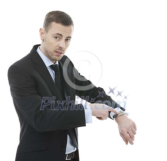 Isolated businessman pointing to his watch