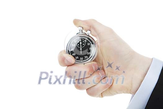 Isolated male hand holding a stopwatch