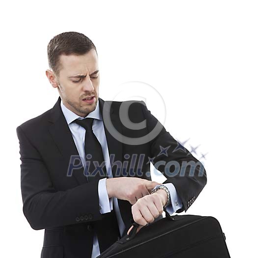 Isolated stressed businessman looking at his watch