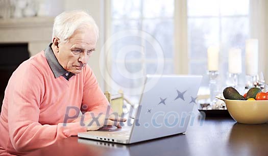 Senior man by laptop at home