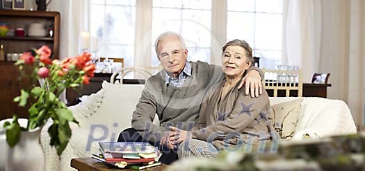 Senior couple sitting on the couch at home