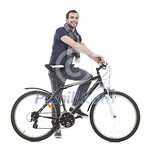 Isolated man with a bicycle
