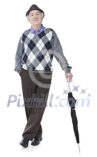 Isolated older man standing with a umbrella