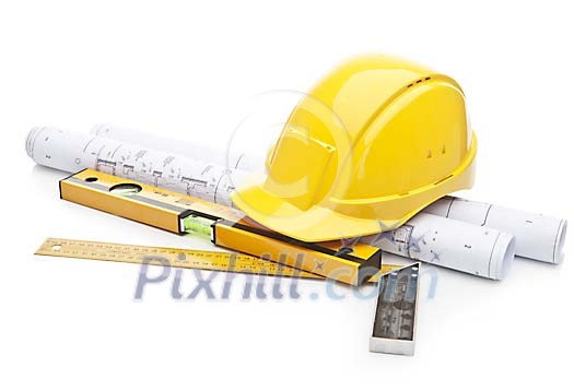 Isolated helmet with tools and blueprints Isolated helmet with tools and blueprints