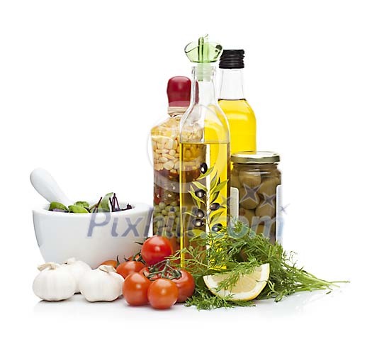Isolated olive oil with vegetables