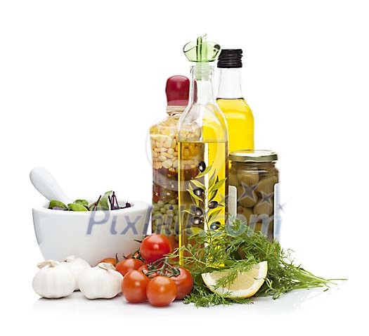Isolated olive oil with vegetables Isolated olive oil with vegetables