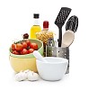 Isolated dishes with cooking supplies