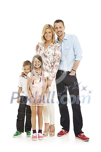 Smiling family on a white background